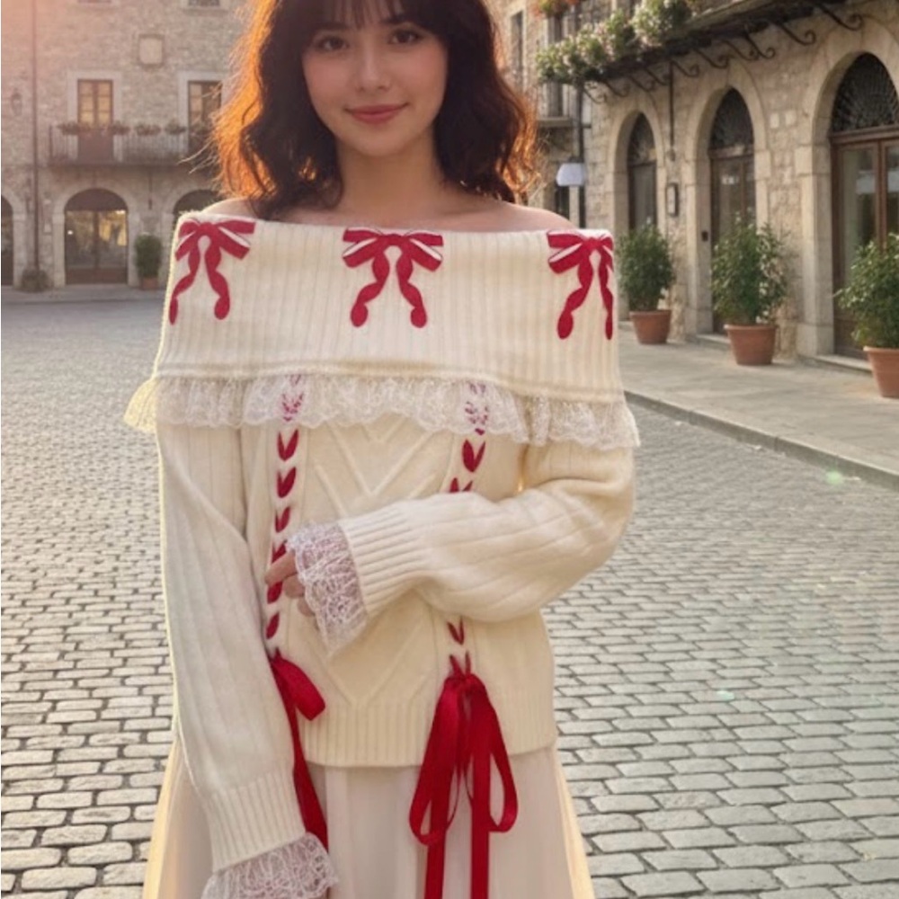 ROMWE Cream Off-the-Shoulder Sweater with Red Details